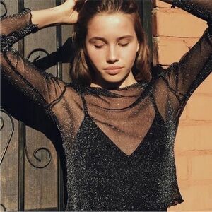 Brandy Melville Sheer Glitter Shimmer Long Sleeve Black Top Women’s One Size